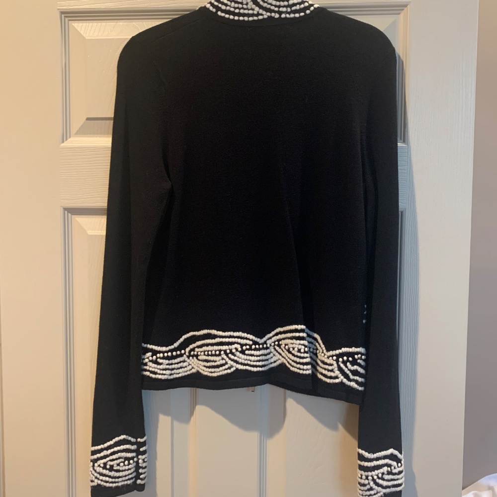 White House Black Market Black/Ivory Double Zip Cardigan Sweater sz M - Picture 5 of 7